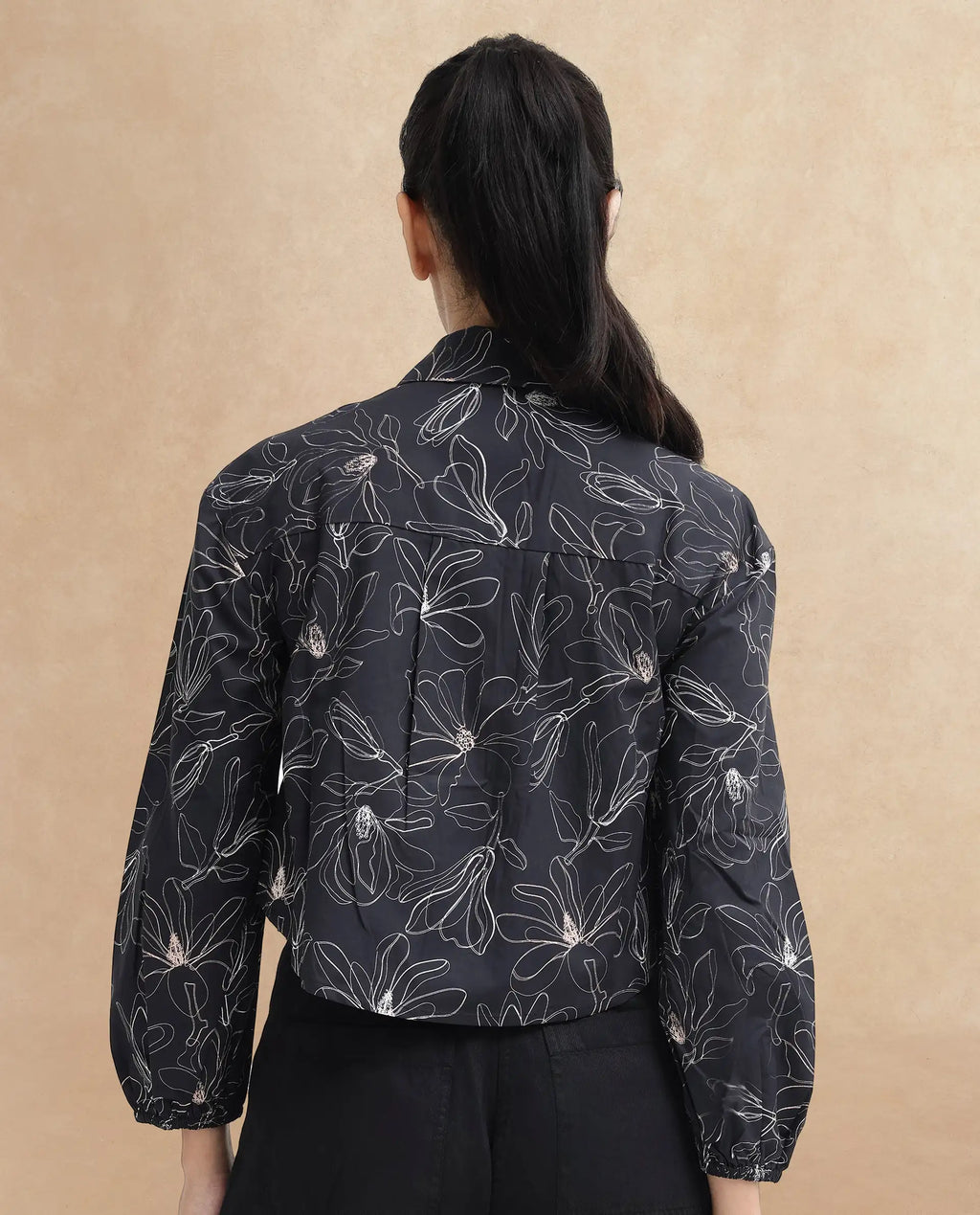 Rareism Women's Reynosa Black Cotton Johnny Collar Floral Print Bishop Sleeve Crop Regular Fit Top
