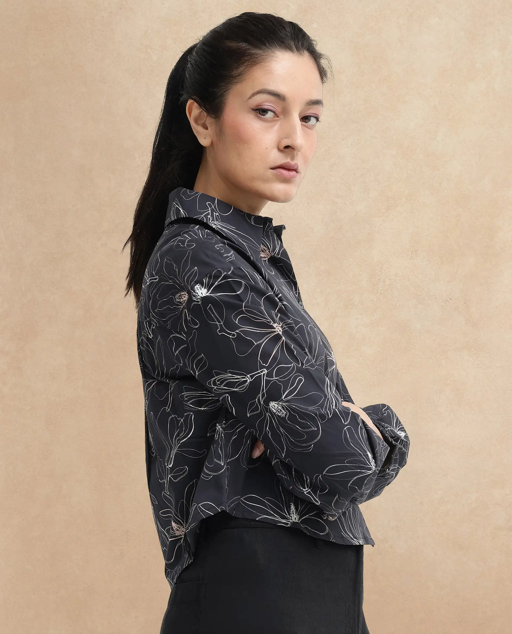 Rareism Women's Reynosa Black Cotton Johnny Collar Floral Print Bishop Sleeve Crop Regular Fit Top