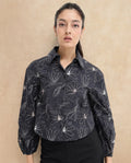 Rareism Women's Reynosa Black Cotton Johnny Collar Floral Print Bishop Sleeve Crop Regular Fit Top