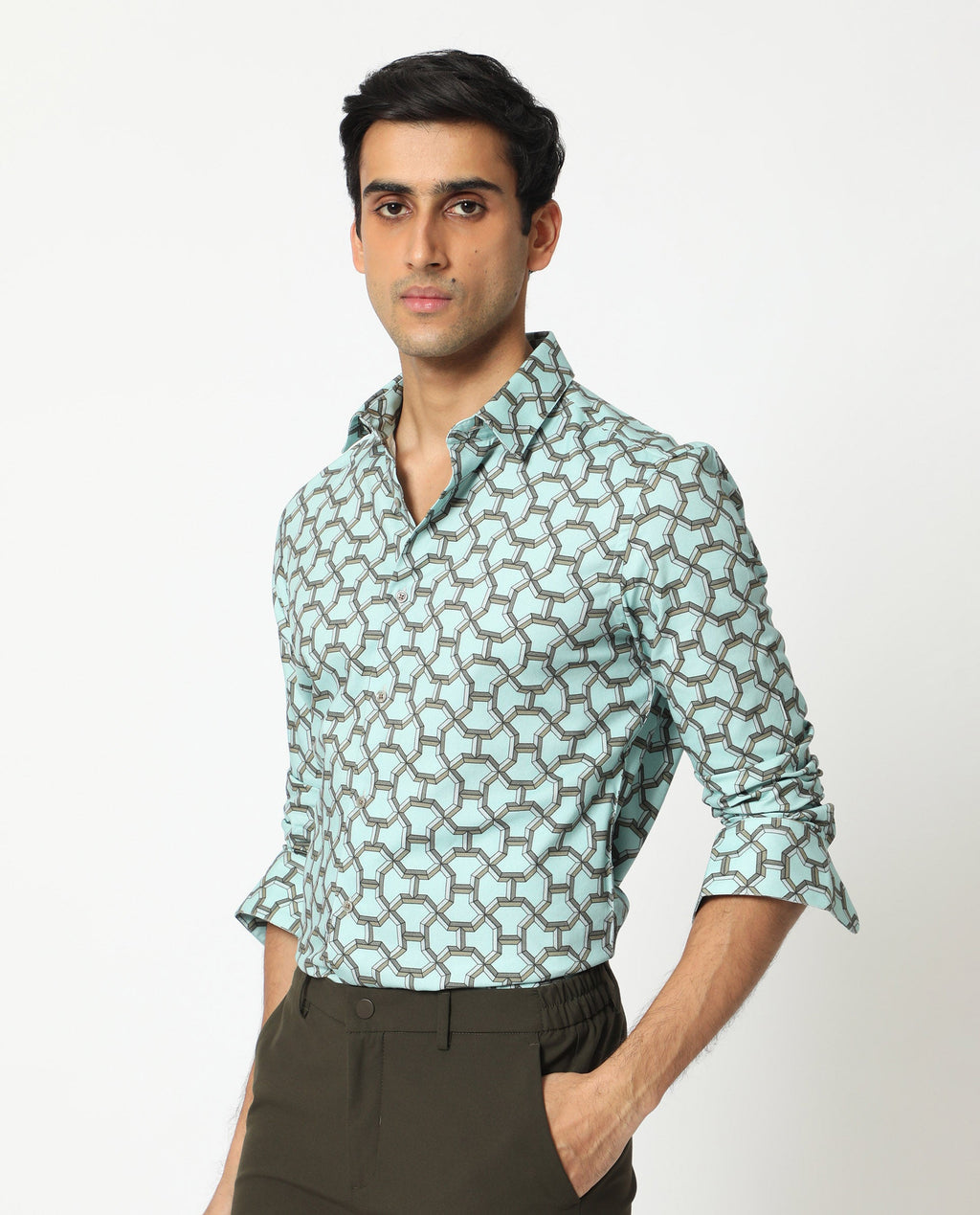 Rare Rabbit Men's Rhone Light Blue Modal Geometric Print Regular Fit Full Sleeve Collared Shirt