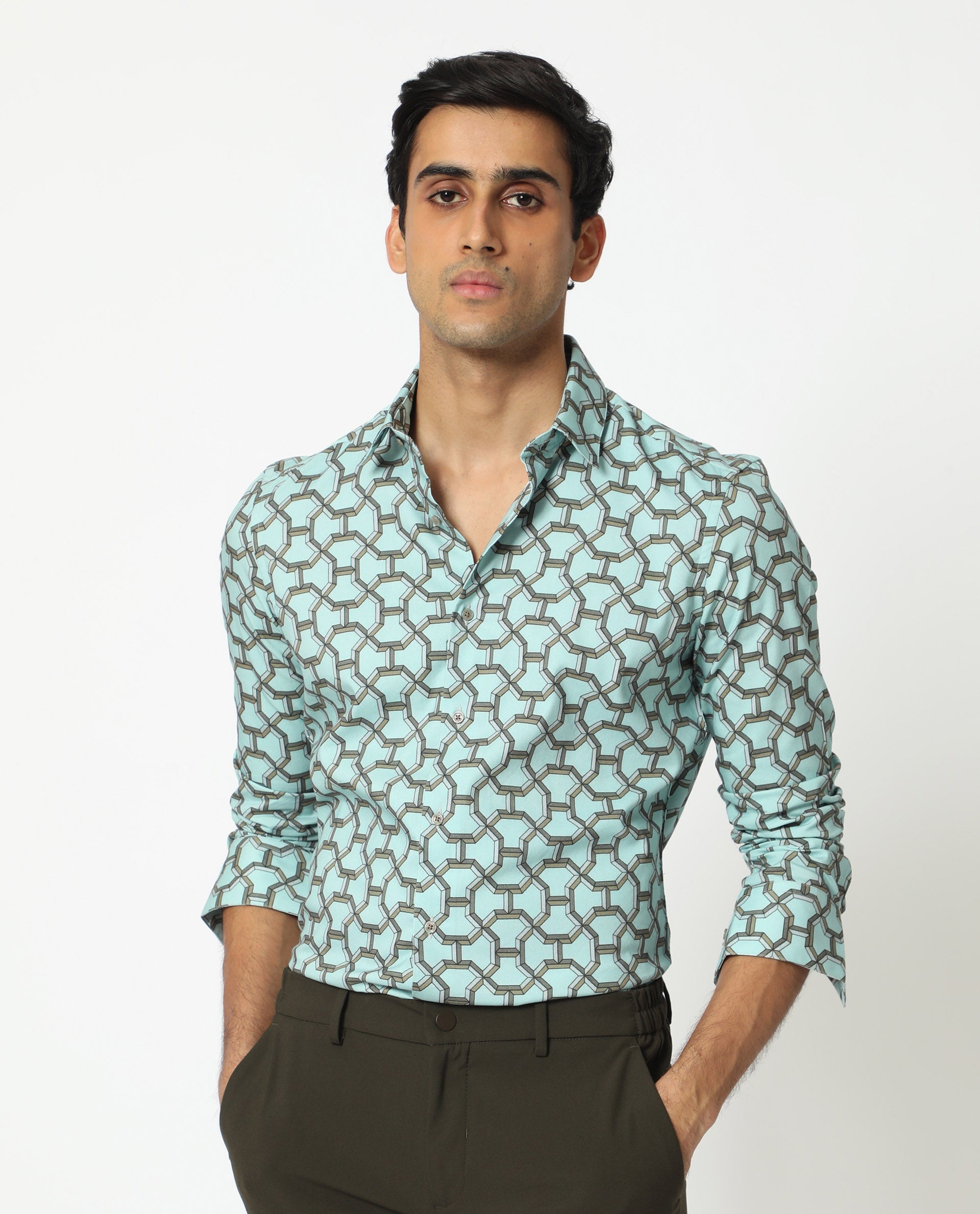 Rare Rabbit Men's Rhone Light Blue Modal Geometric Print Regular Fit Full Sleeve Collared Shirt