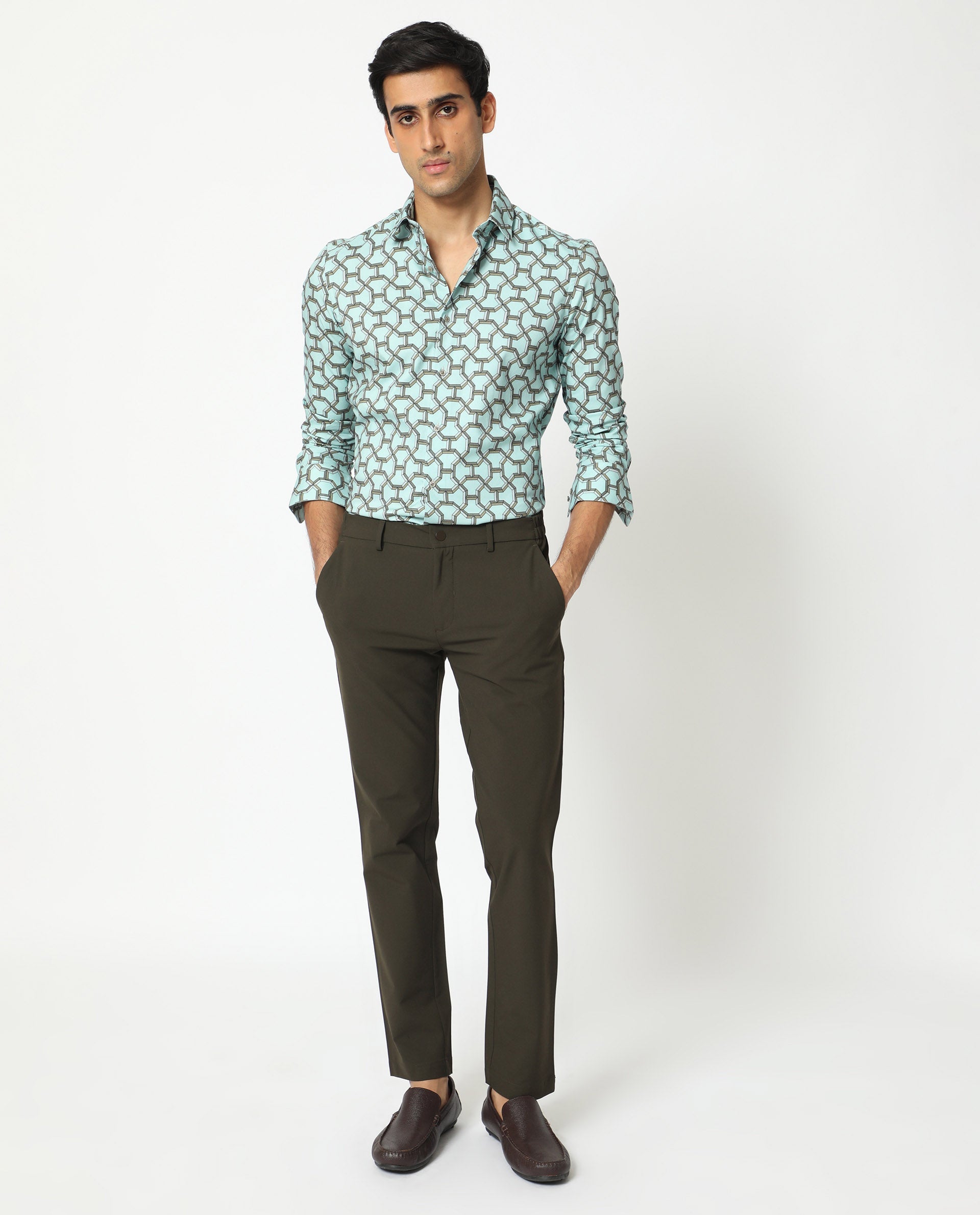 Rare Rabbit Men's Rhone Light Blue Modal Geometric Print Regular Fit Full Sleeve Collared Shirt