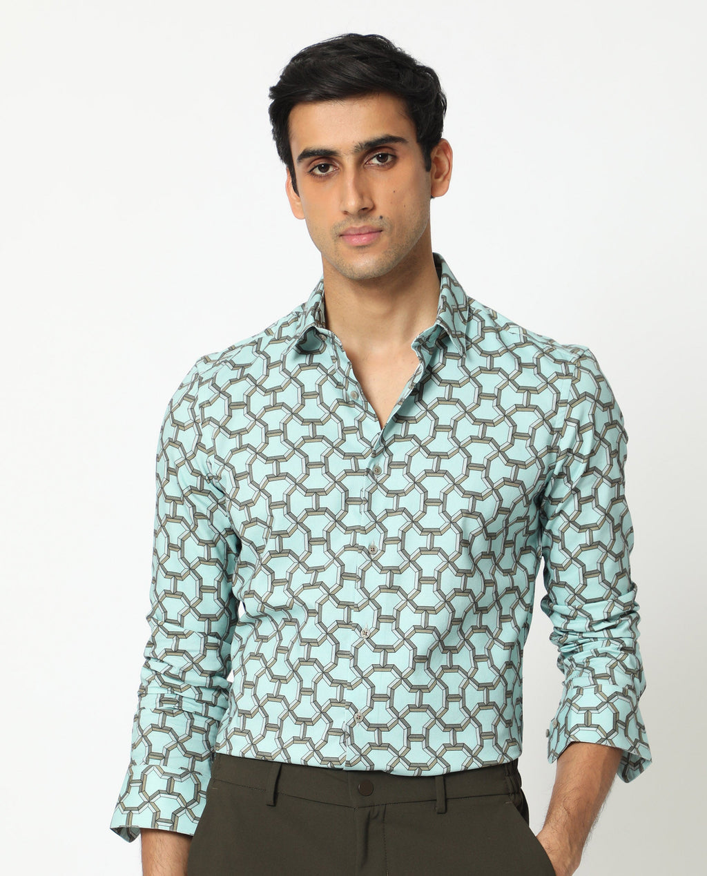 Rare Rabbit Men's Rhone Light Blue Modal Geometric Print Regular Fit Full Sleeve Collared Shirt