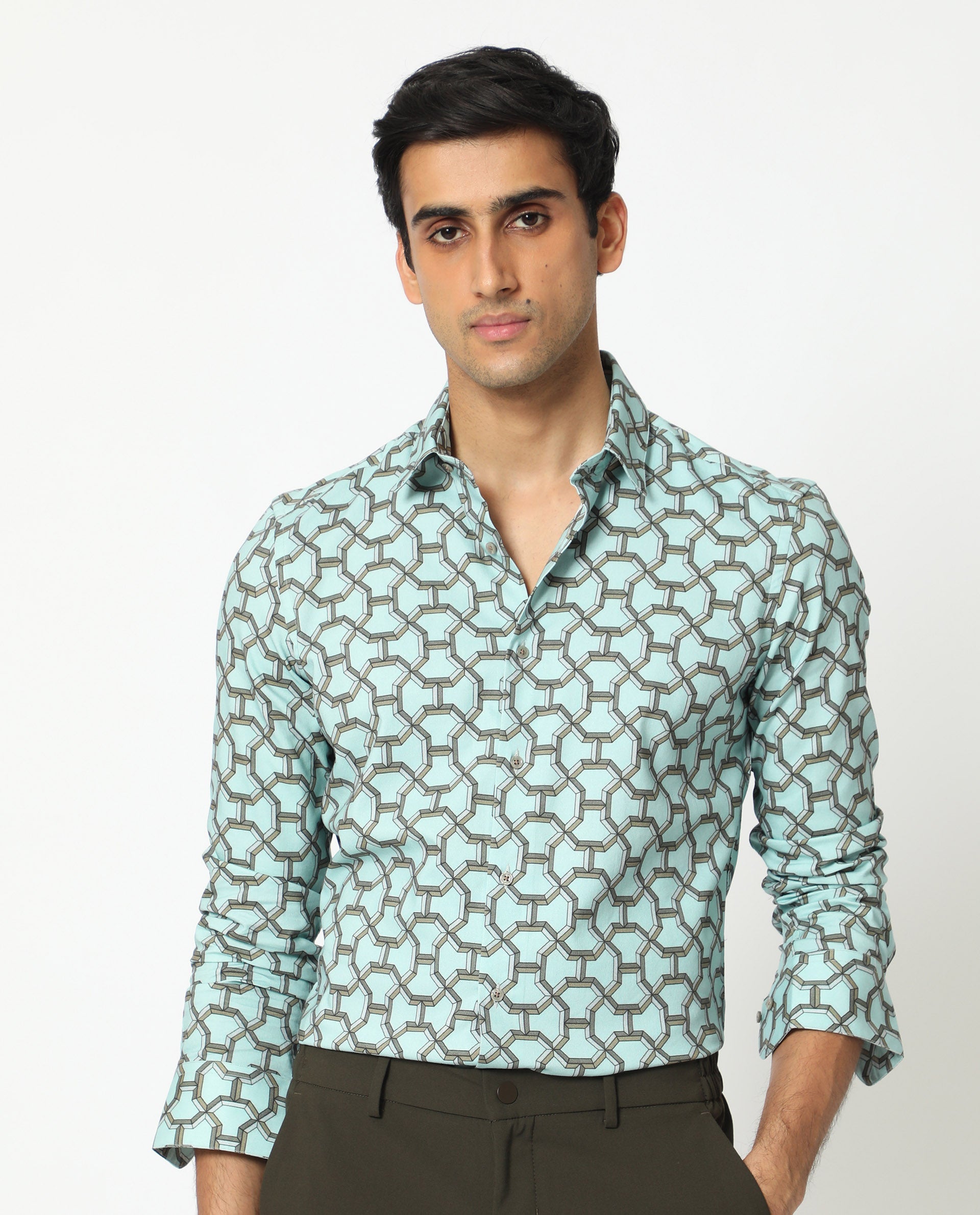 Rare Rabbit Men's Rhone Light Blue Modal Geometric Print Regular Fit Full Sleeve Collared Shirt