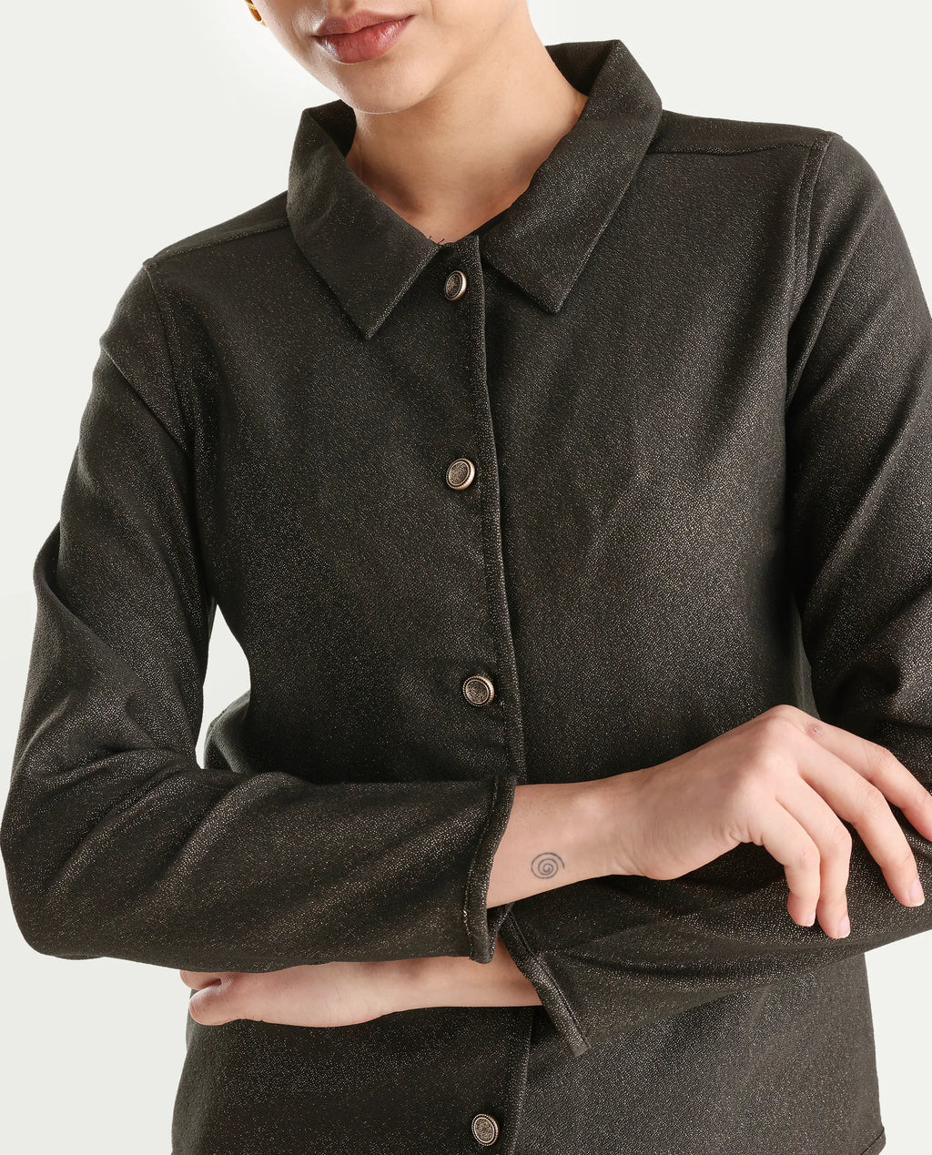 Rareism Women's Ribok Black Polyester Drop Collar Jacquard Regular Fit Jacket