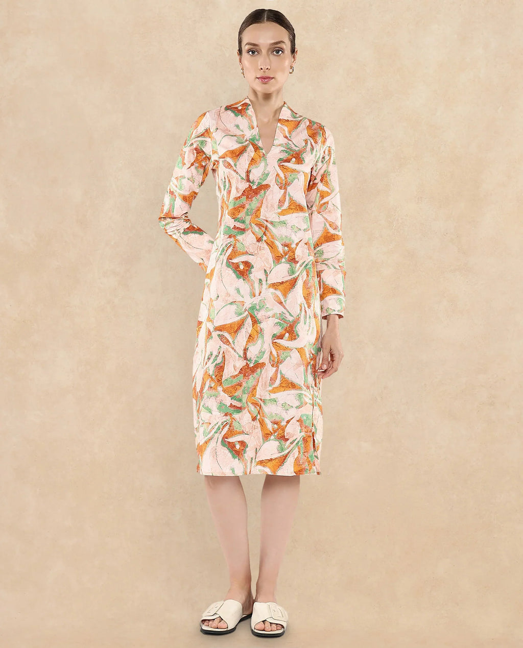 Rareism Women's Ricato Multi Cotton Built-Up Neck Abstract Print Cuffed Sleeve Midi Regular Fit Dress