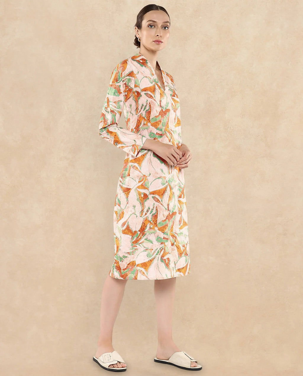 Rareism Women's Ricato Multi Cotton Built-Up Neck Abstract Print Cuffed Sleeve Midi Regular Fit Dress