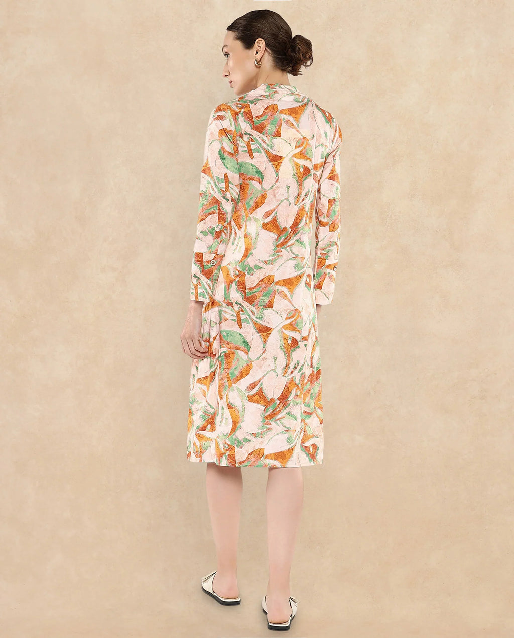 Rareism Women's Ricato Multi Cotton Built-Up Neck Abstract Print Cuffed Sleeve Midi Regular Fit Dress