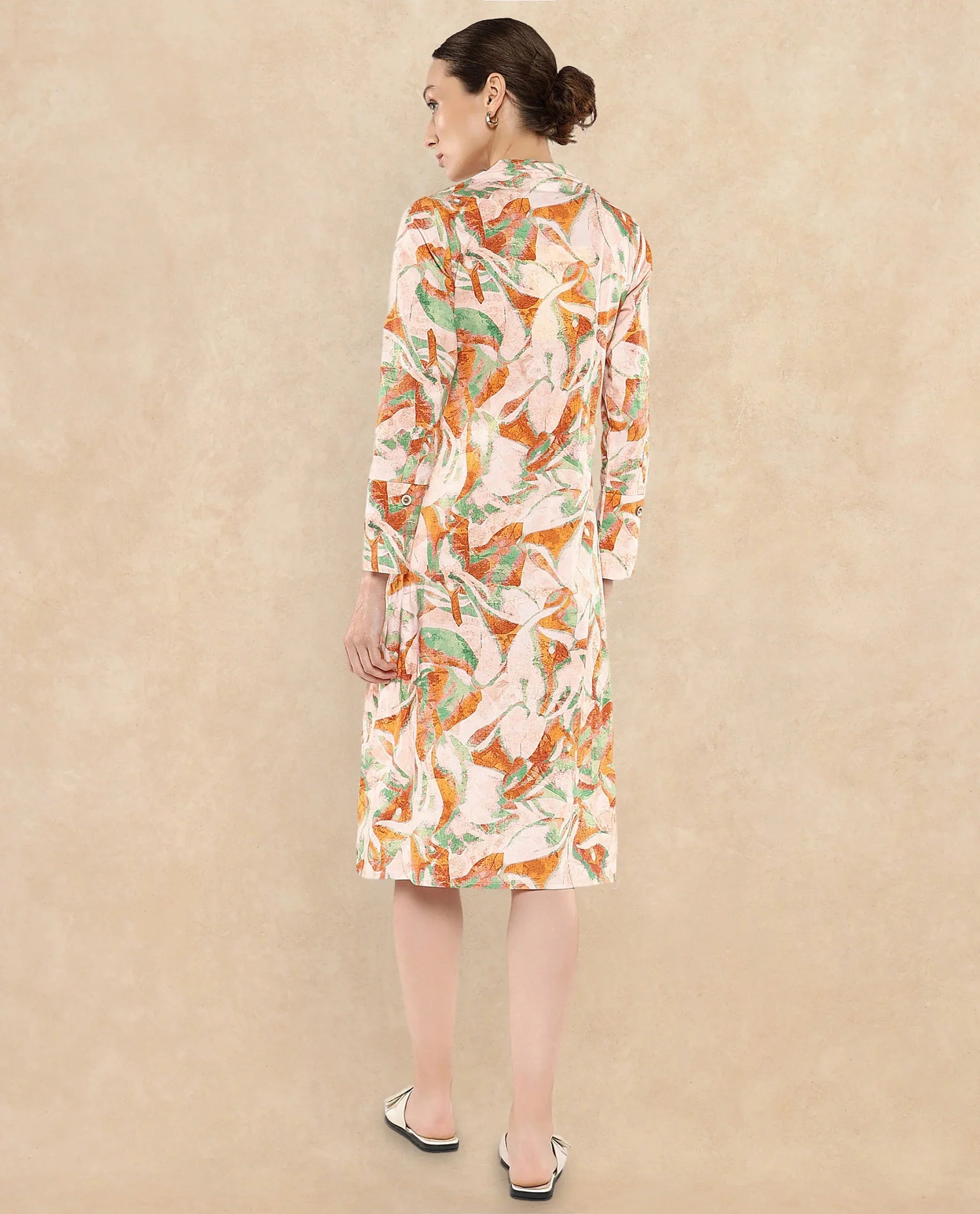 Rareism Women's Ricato Multi Cotton Built-Up Neck Abstract Print Cuffed Sleeve Midi Regular Fit Dress