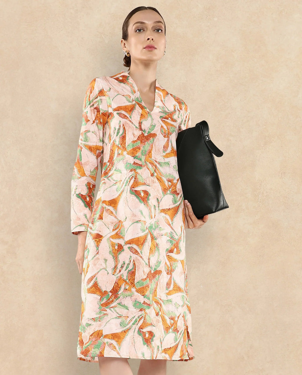Rareism Women's Ricato Multi Cotton Built-Up Neck Abstract Print Cuffed Sleeve Midi Regular Fit Dress