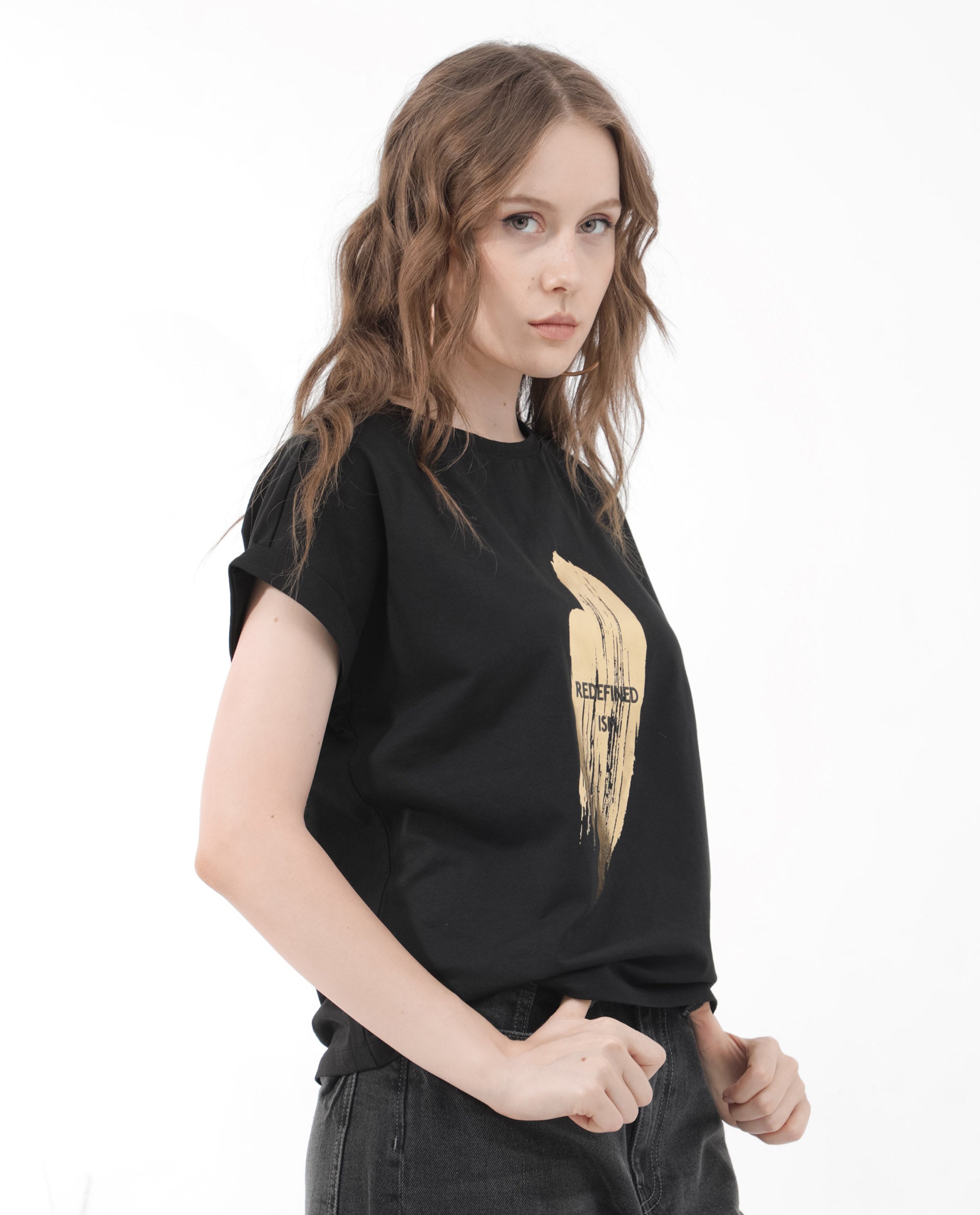 Rareism Women's Trident Black Cotton Blend Crew Neck Graphic Print Extended Sleeves Regular Fit T-Shirt