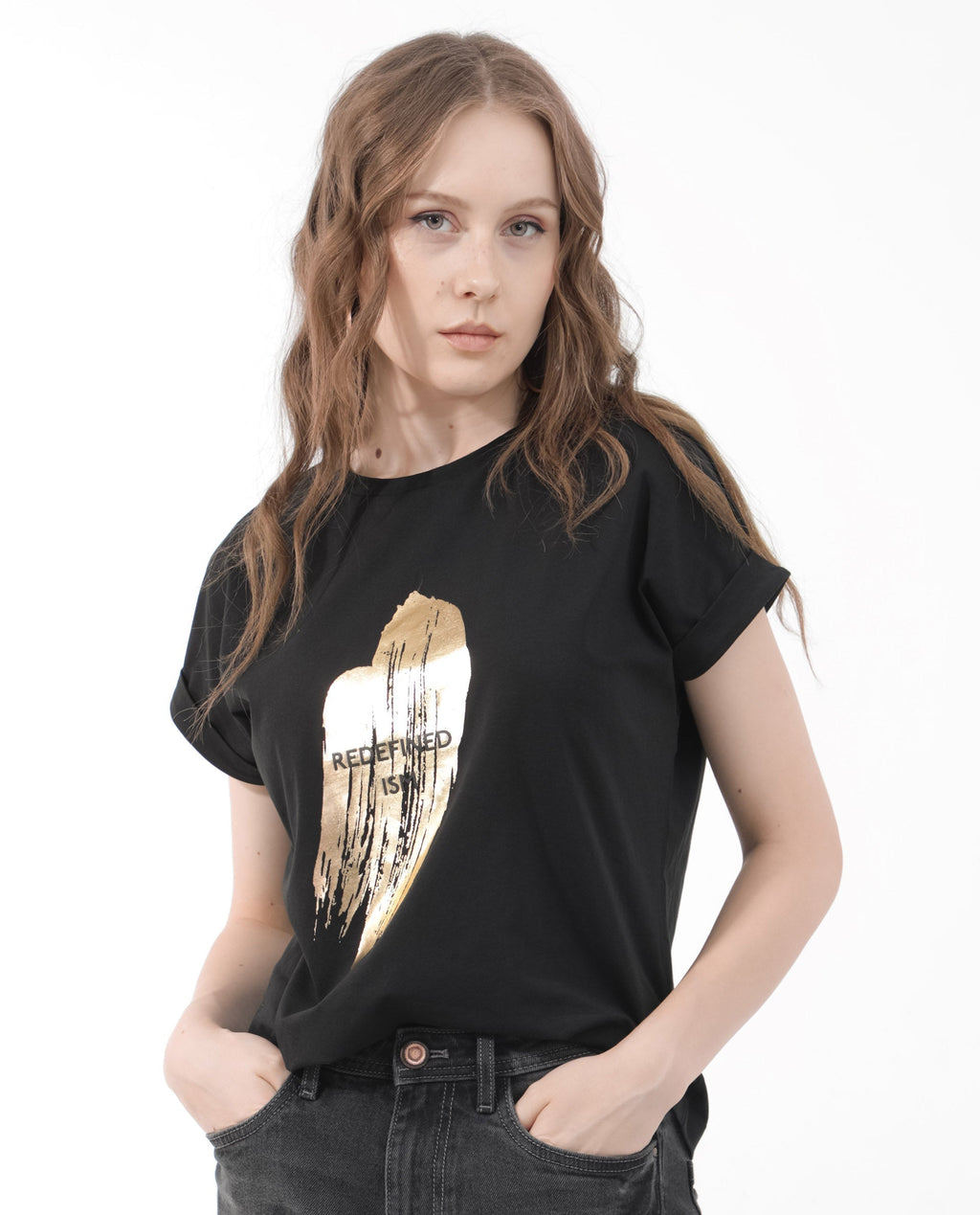 Rareism Women's Trident Black Cotton Blend Crew Neck Graphic Print Extended Sleeves Regular Fit T-Shirt