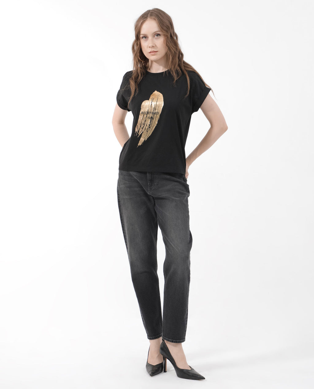 Rareism Women's Trident Black Cotton Blend Crew Neck Graphic Print Extended Sleeves Regular Fit T-Shirt