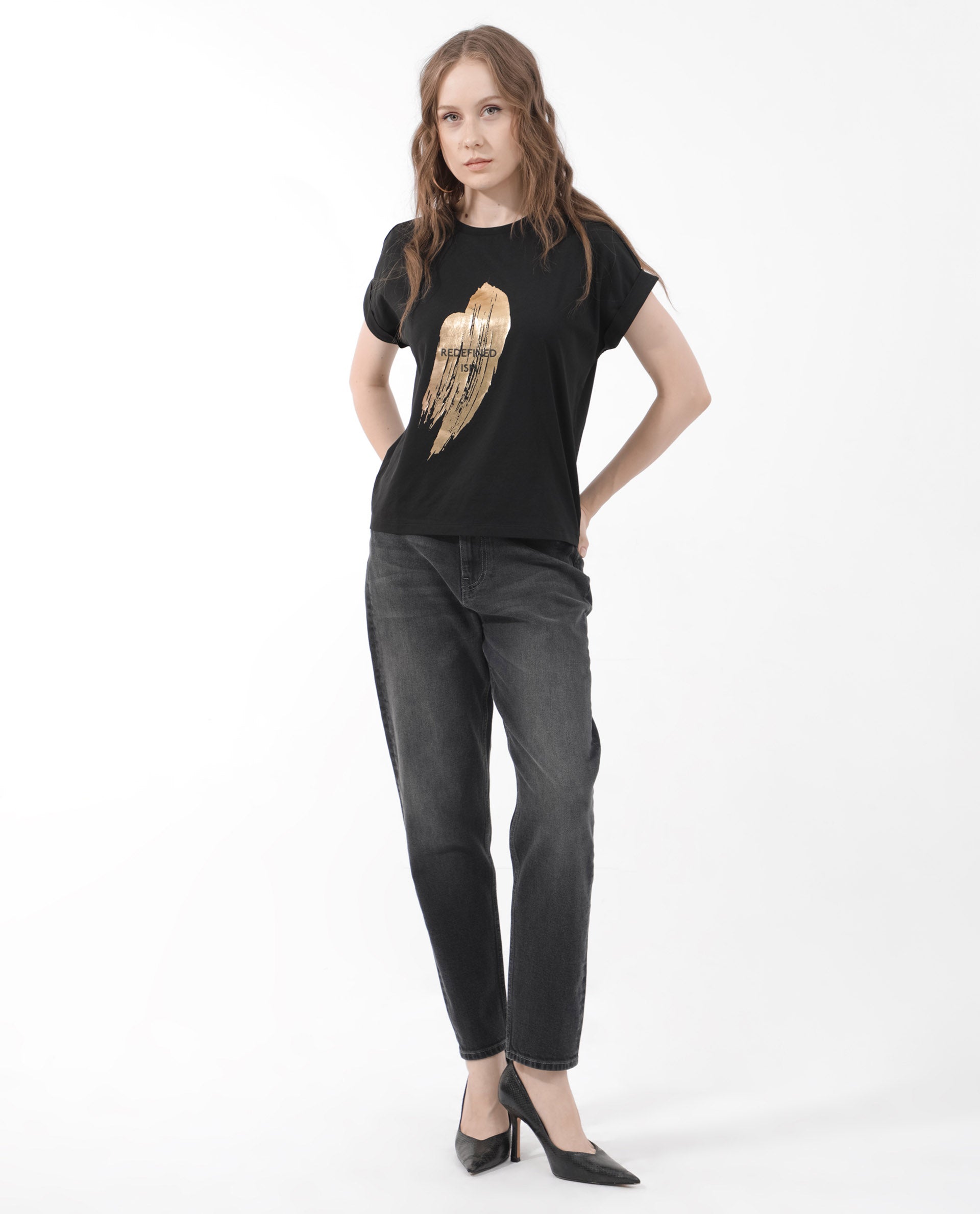 Rareism Women's Trident Black Cotton Blend Crew Neck Graphic Print Extended Sleeves Regular Fit T-Shirt