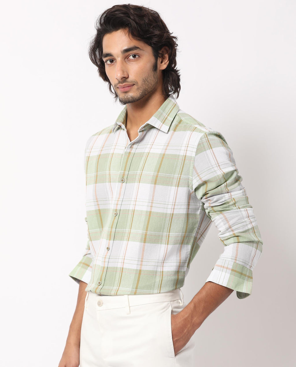 Rare Rabbit Men's Riga Green Cotton Checked Print Regular Fit Full Sleeve Collared Shirt