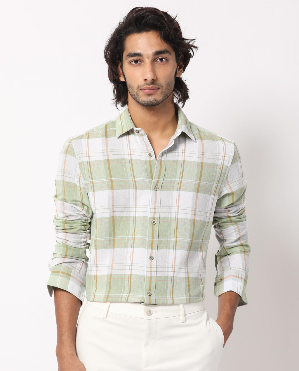 Rare Rabbit Men's Riga Green Cotton Checked Print Regular Fit Full Sleeve Collared Shirt
