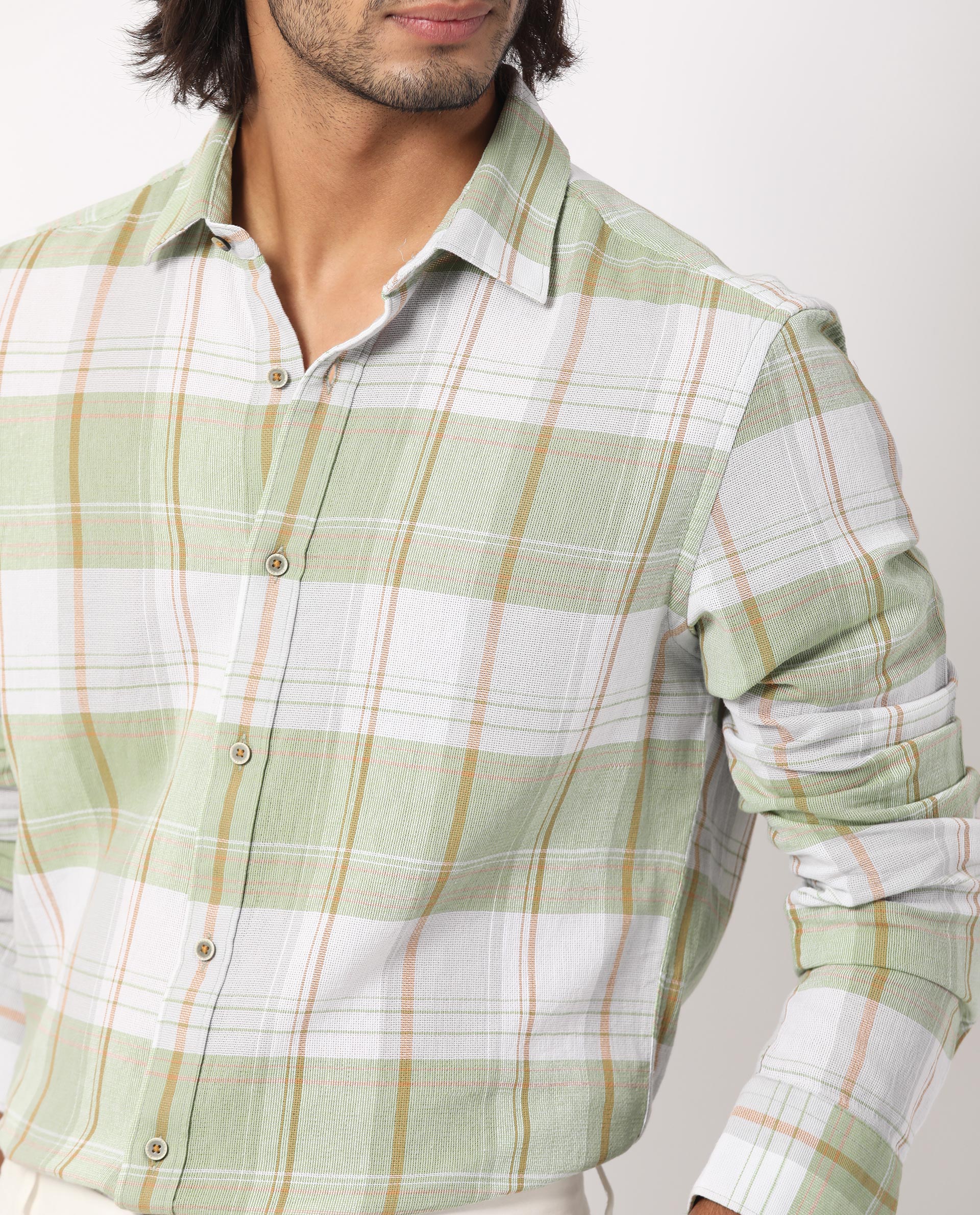 Rare Rabbit Men's Riga Green Cotton Checked Print Regular Fit Full Sleeve Collared Shirt