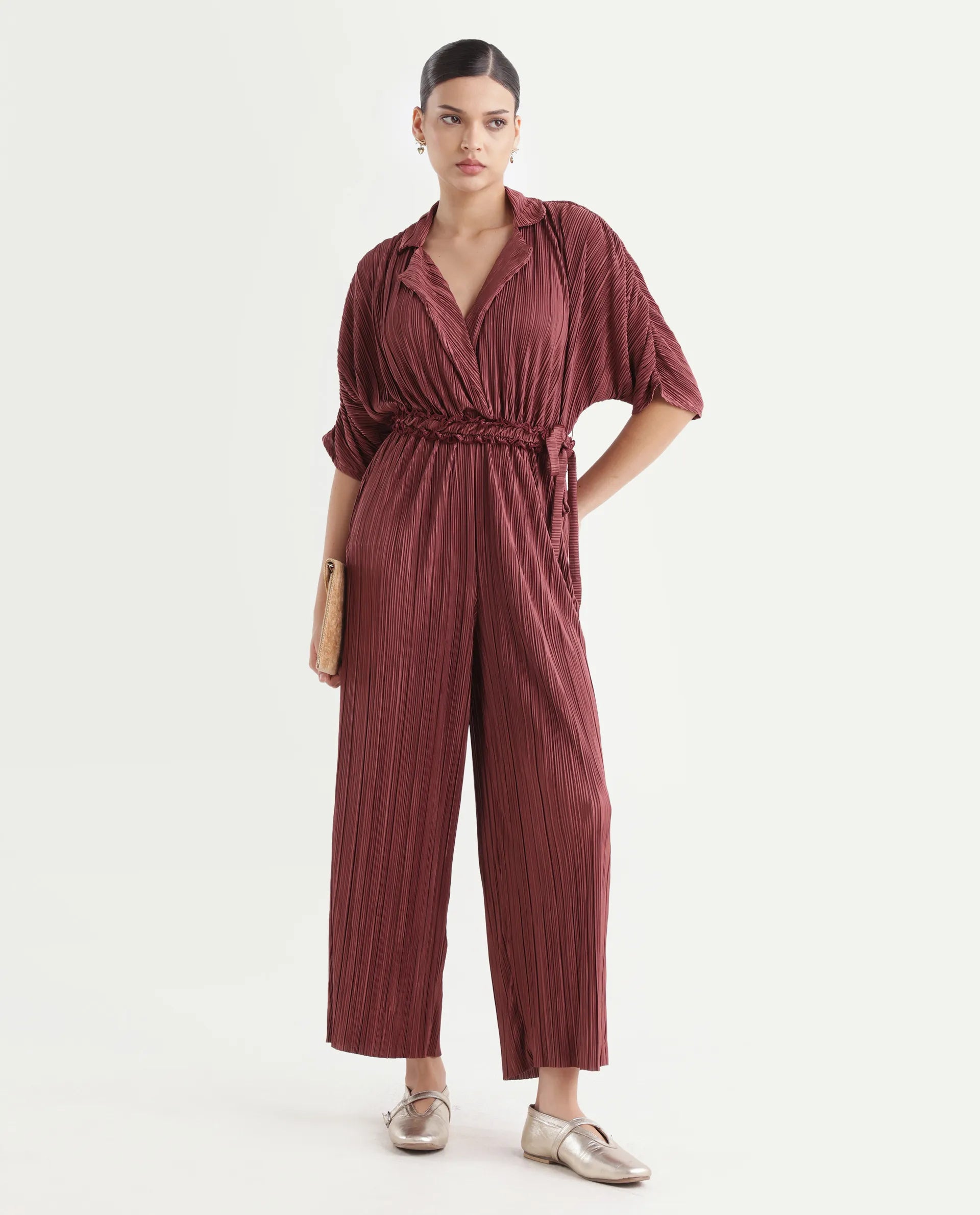 Rareism Women's Rio Brown Lapel Neck Plain Extended Sleeves Maxi Fit And Flare Jumpsuit