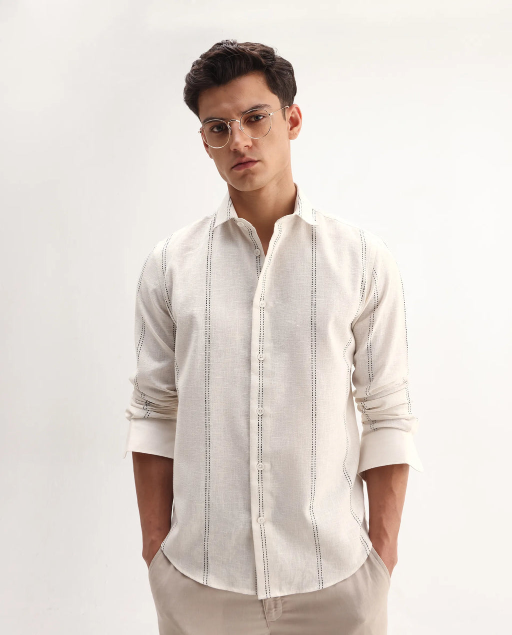 Rare Rabbit Men's Riog White Poly Blend Striped Print Regular Fit Full Sleeve Collared Shirt