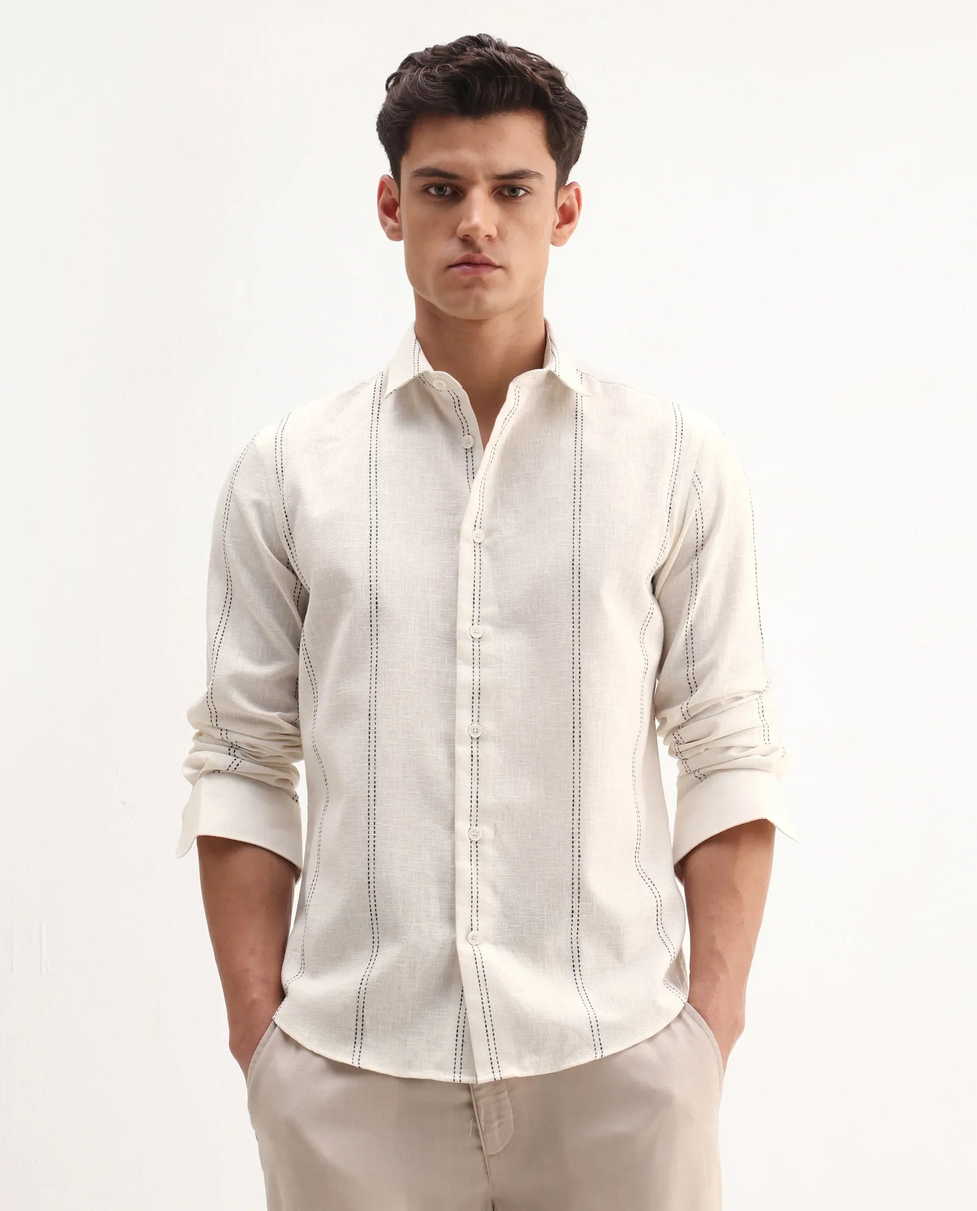 Rare Rabbit Men's Riog White Poly Blend Striped Print Regular Fit Full Sleeve Collared Shirt