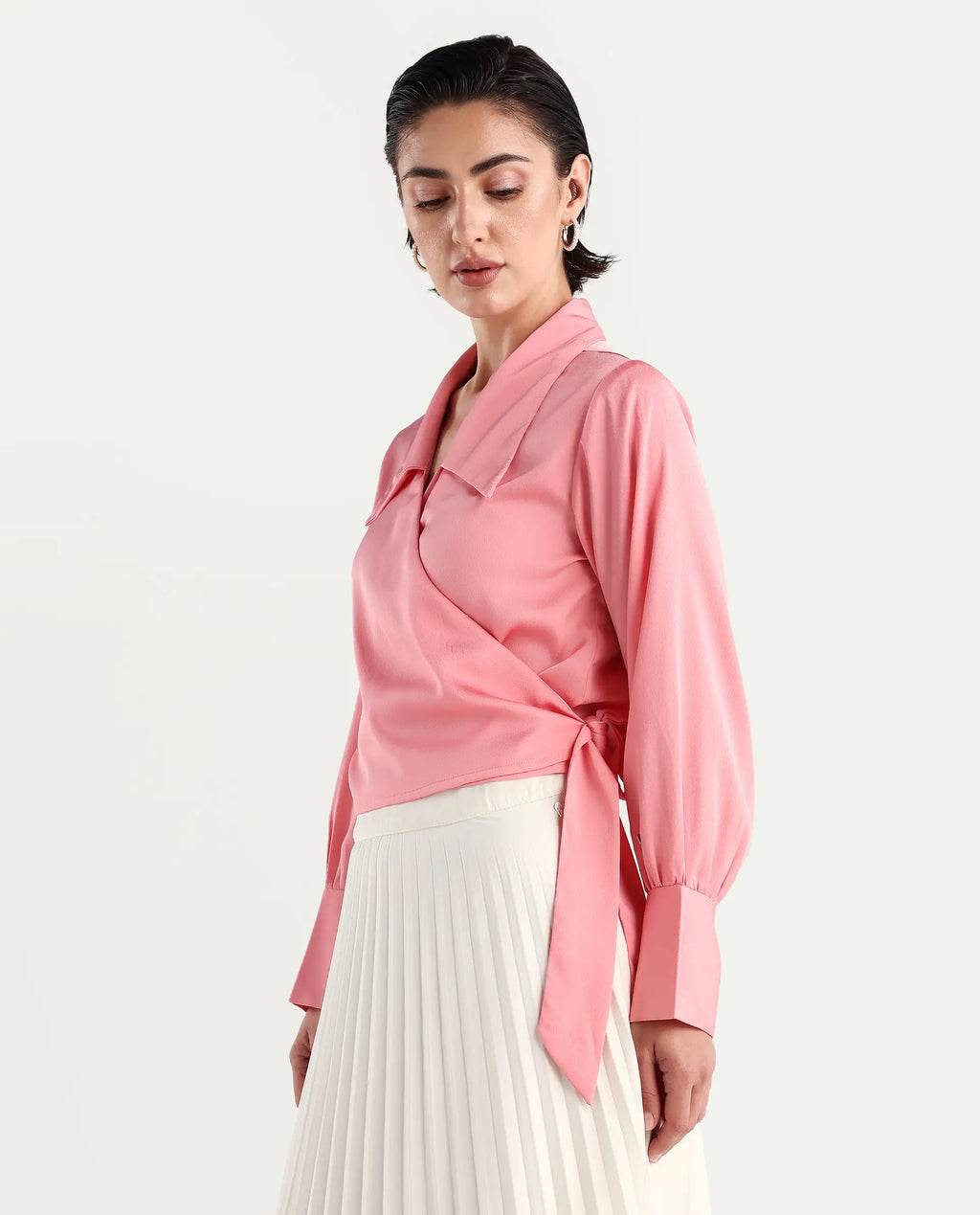 Rareism Women's Riola Pastel Pink Polyester Johnny Collar Plain Cuffed Sleeve Crop Regular Fit Top