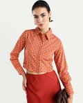 Rareism Women's Rister Multi Cotton Spread Collar Geometric Print Cuffed Sleeve Crop Regular Fit Top