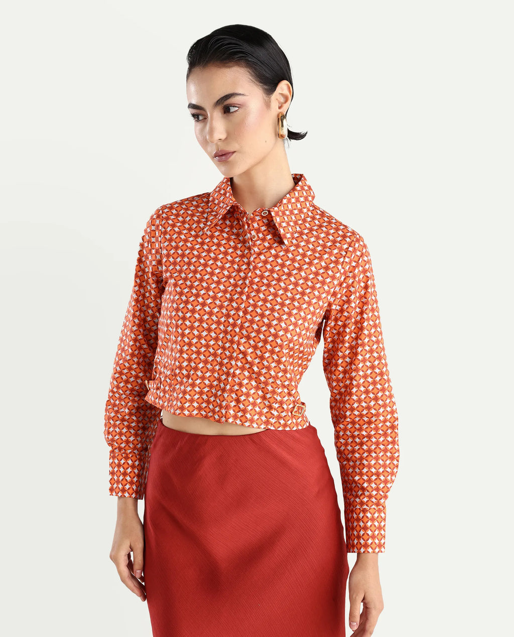 Rareism Women's Rister Multi Cotton Spread Collar Geometric Print Cuffed Sleeve Crop Regular Fit Top