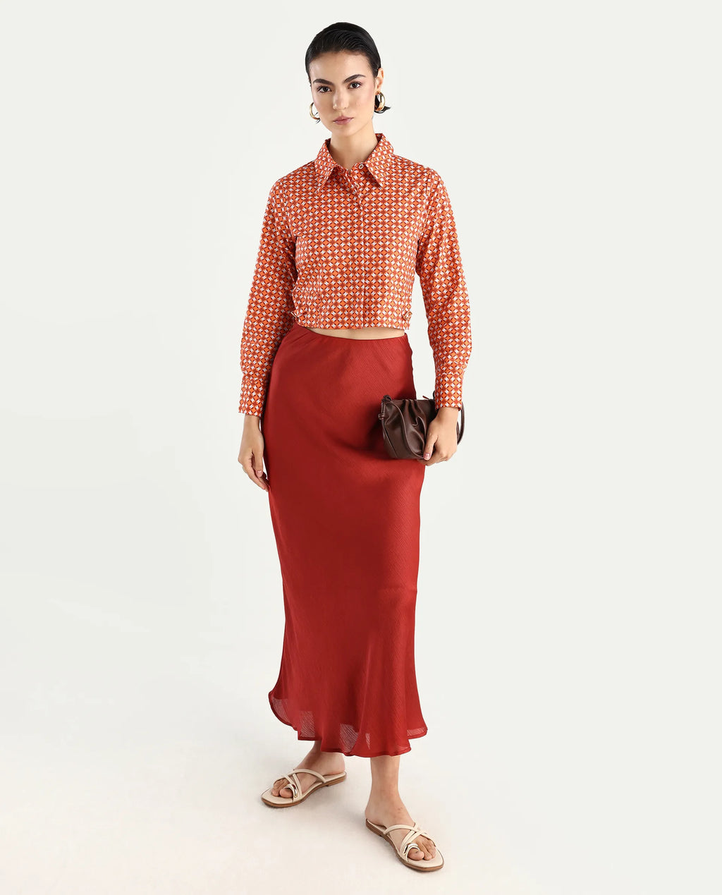 Rareism Women's Rister Multi Cotton Spread Collar Geometric Print Cuffed Sleeve Crop Regular Fit Top