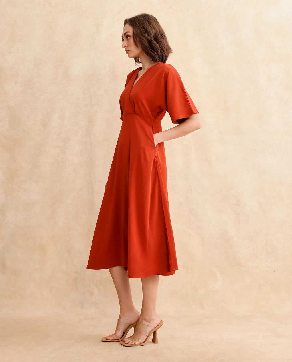 Rareism Women's Rivez Rust Cotton Overlap Neck Plain Extended Sleeves Midi Flared Dress