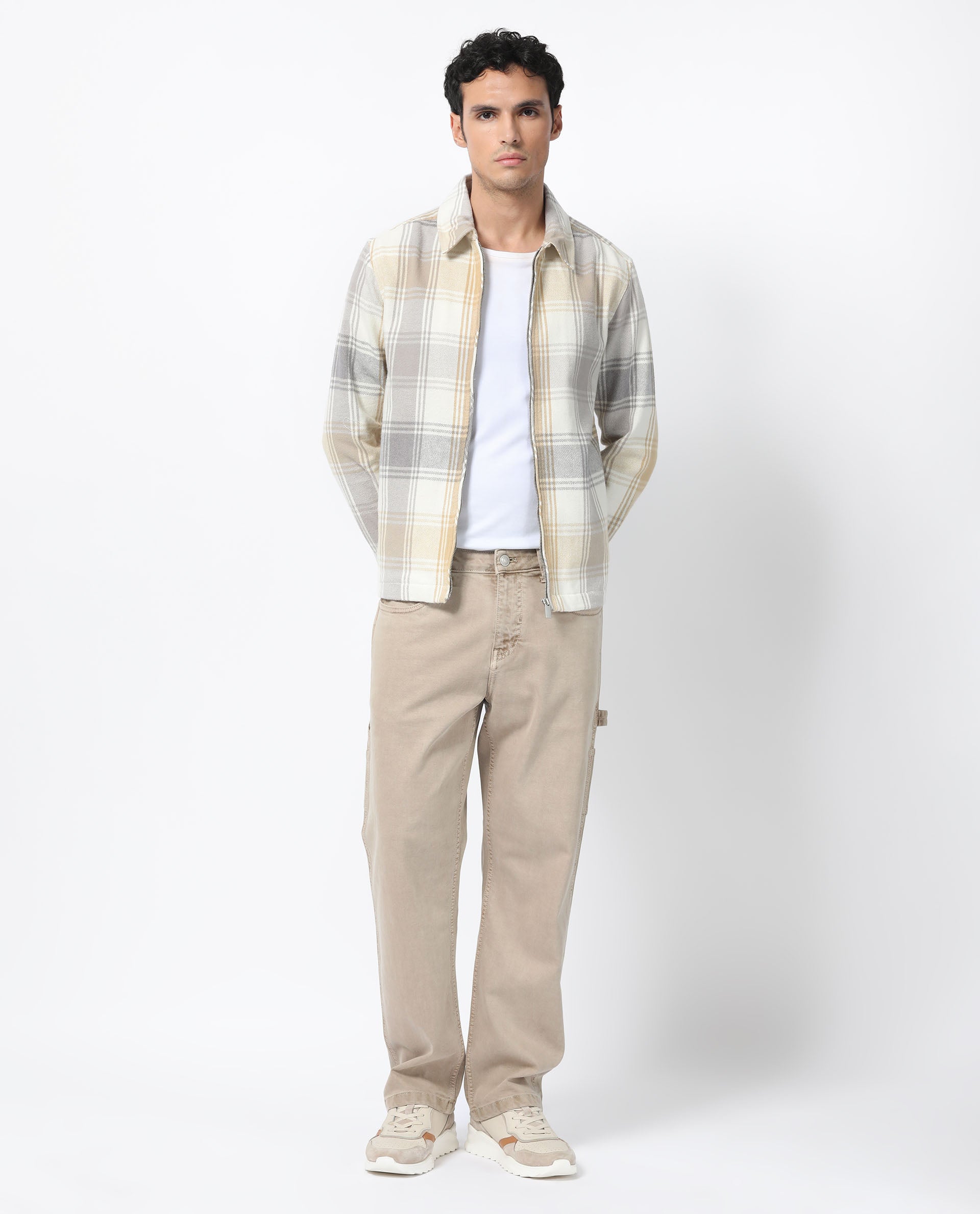 Rare Rabbit Men's Rizo Light Brown Cotton Checked Print Relaxed Fit Full Sleeve Spread Collar Shacket