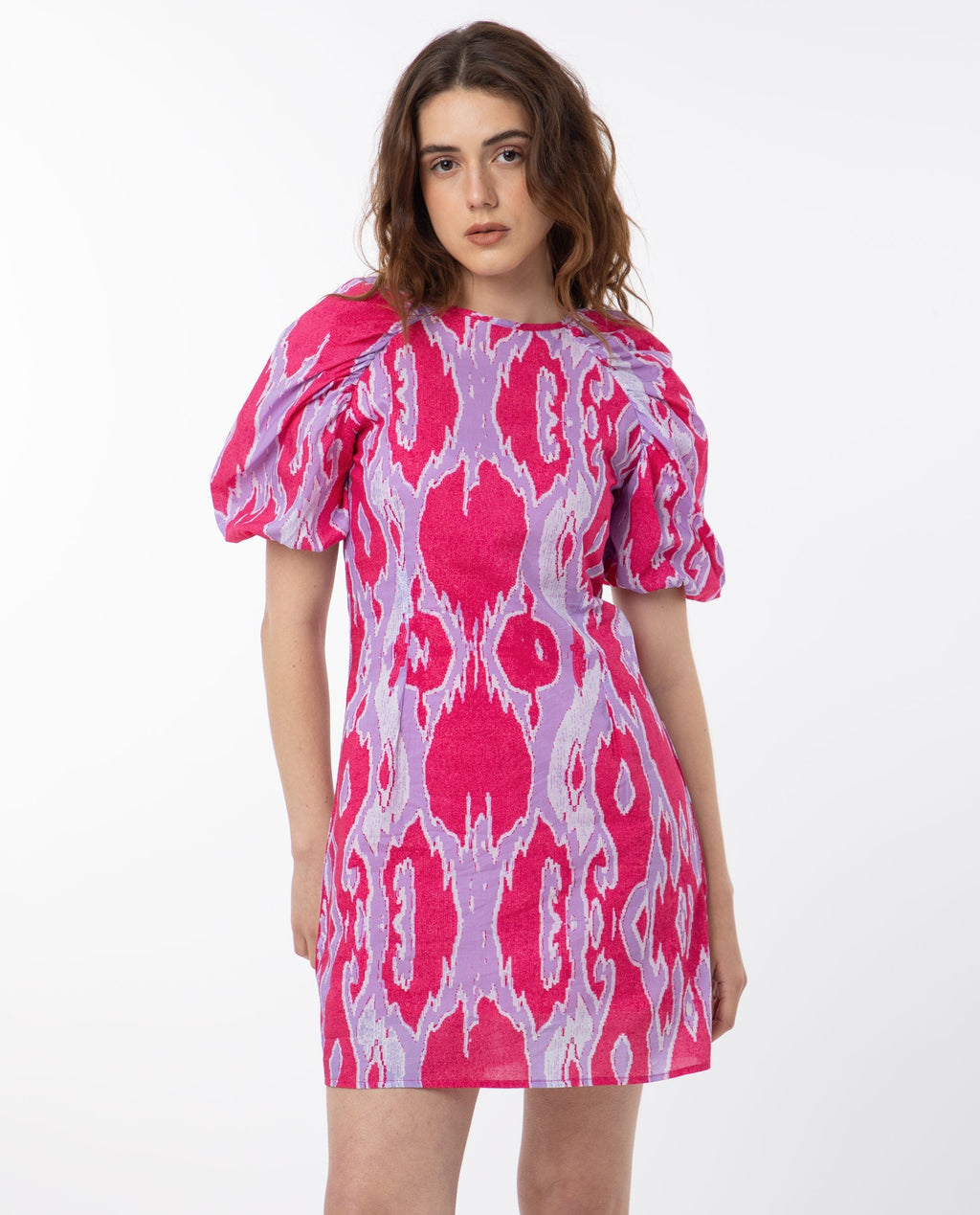 Rareism Women's Roan Pink Cotton Crew Neck Abstract Print Puff Sleeves Mini Regular Fit Dress