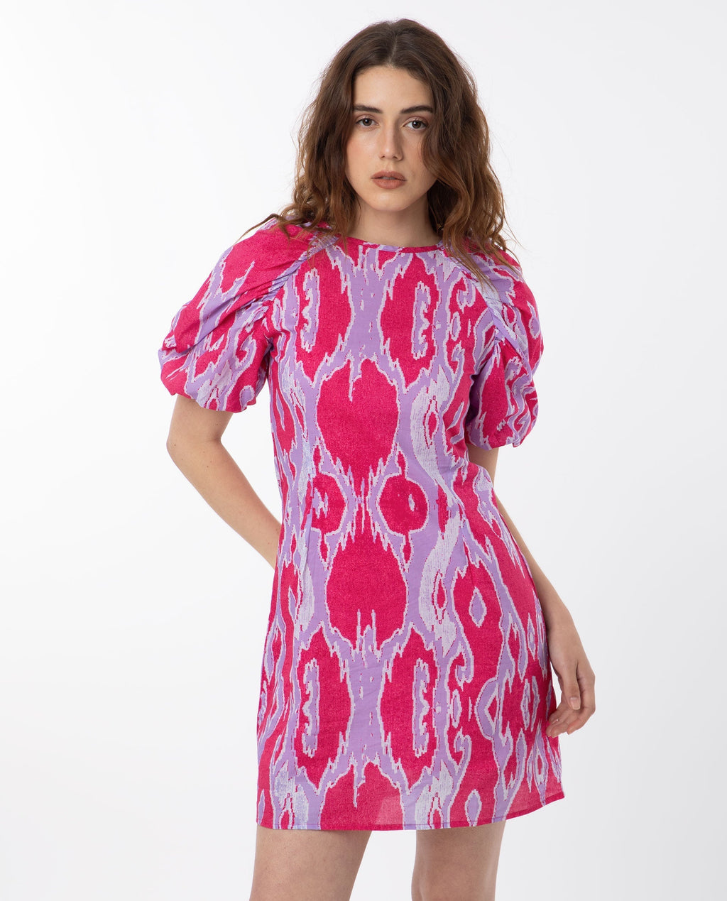 Rareism Women's Roan Pink Cotton Crew Neck Abstract Print Puff Sleeves Mini Regular Fit Dress