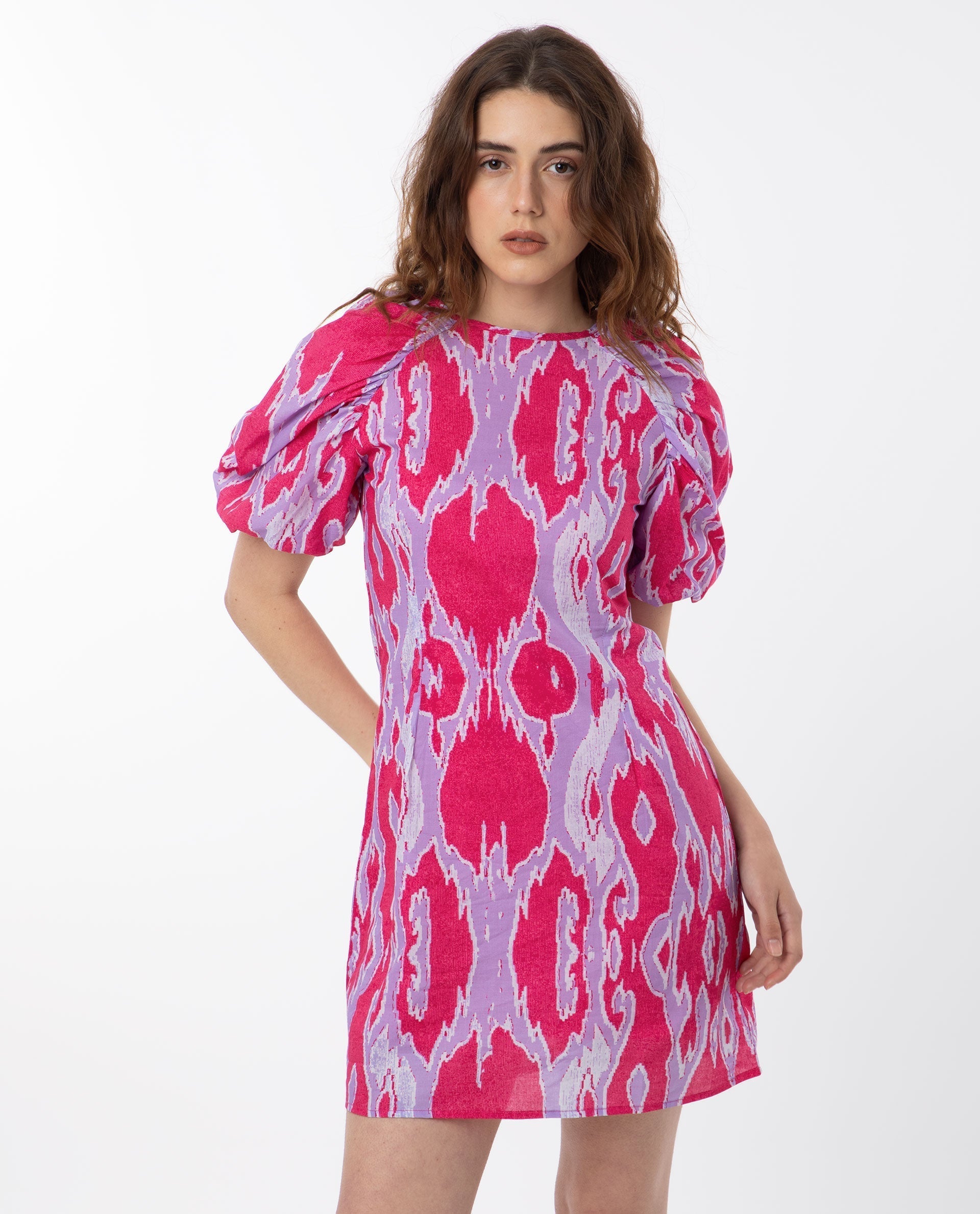 Rareism Women's Roan Pink Cotton Crew Neck Abstract Print Puff Sleeves Mini Regular Fit Dress
