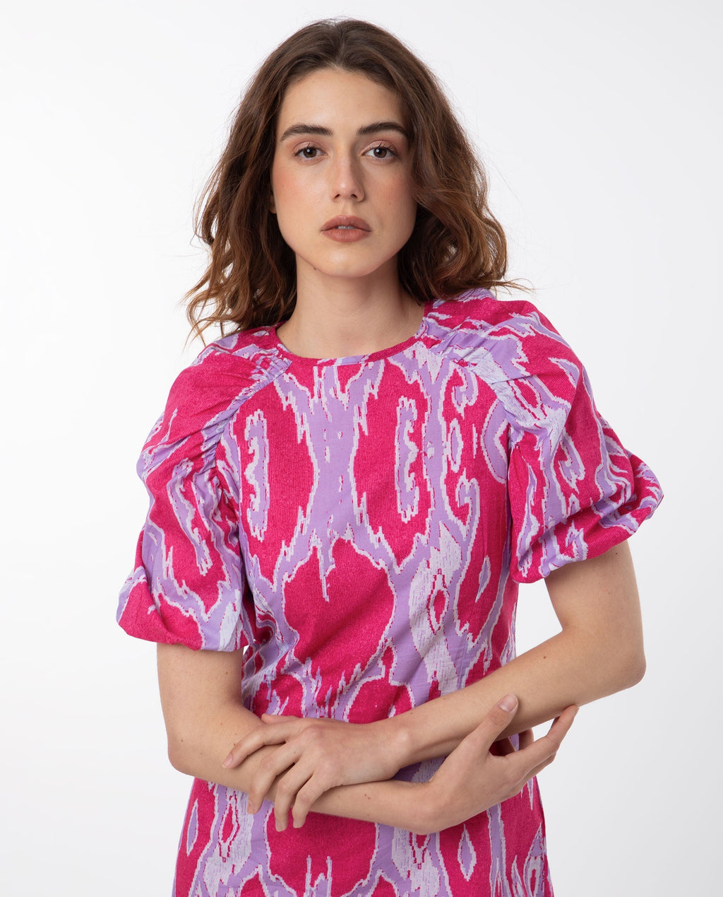 Rareism Women's Roan Pink Cotton Crew Neck Abstract Print Puff Sleeves Mini Regular Fit Dress