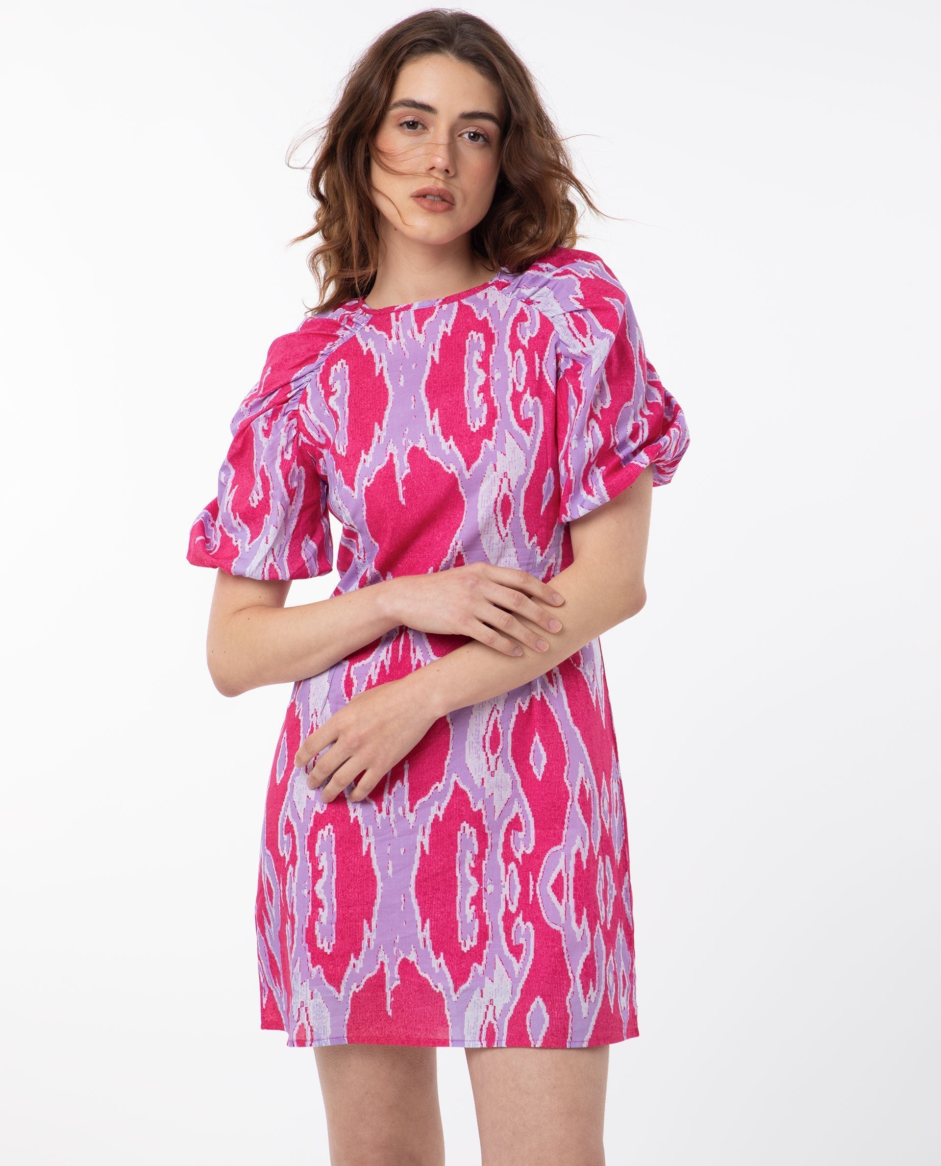Rareism Women's Roan Pink Cotton Crew Neck Abstract Print Puff Sleeves Mini Regular Fit Dress