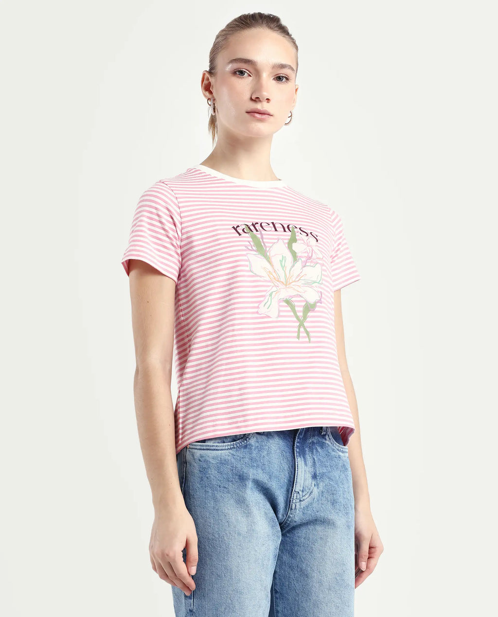 Rareism Women's Robbin Light Pink Cotton Blend Crew Neck Graphic Print Regular Fit T-Shirt