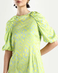 Rareism Women's Robertson Flouroscent Yellow Polyester Crew Neck Geometric Print Puff Sleeves Mini Slim Fit Dress