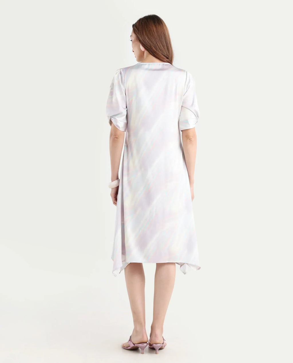 Rareism Women's Rogaz Light Multi Polyester Crew Neck Floral Print Balloon Sleeve Midi Asymmetric Dress