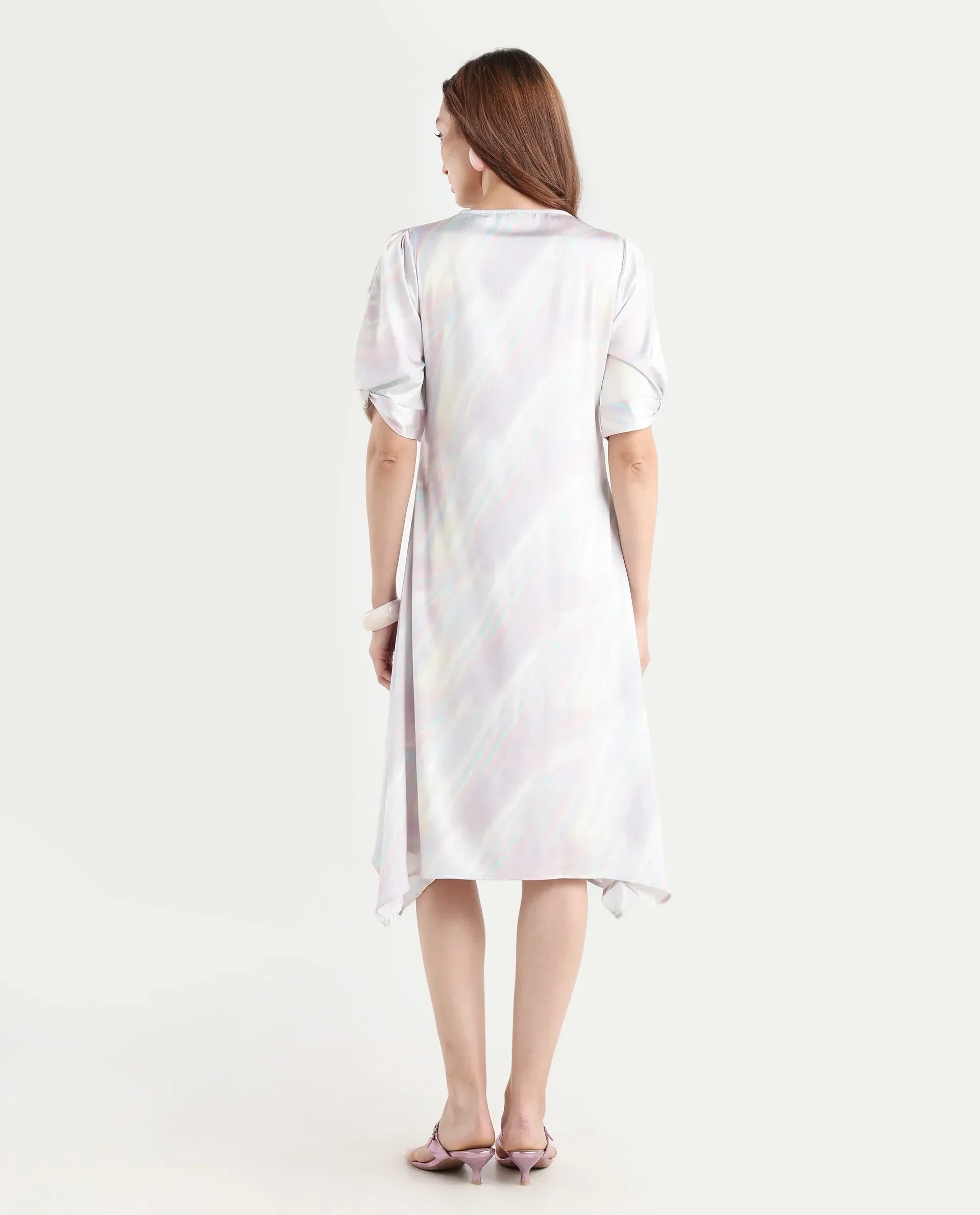 Rareism Women's Rogaz Light Multi Polyester Crew Neck Floral Print Balloon Sleeve Midi Asymmetric Dress