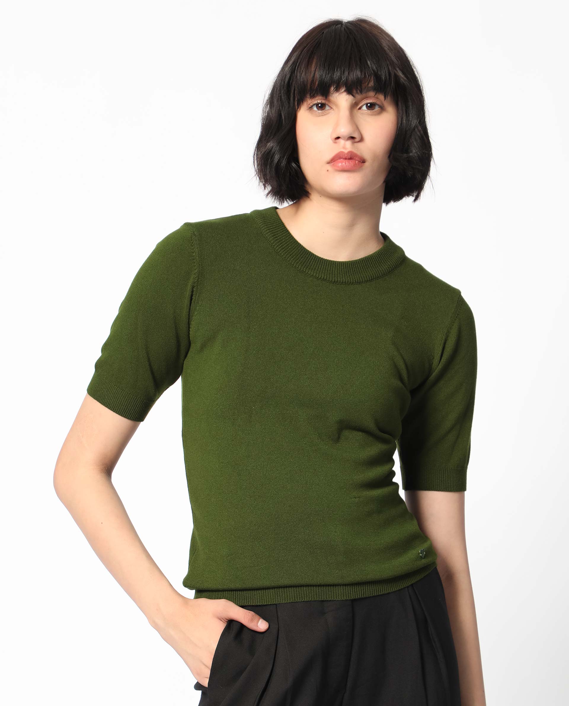 Rareism Women's Rohrdo Olive Viscose Crew Neck Plain Regular Fit Sweater