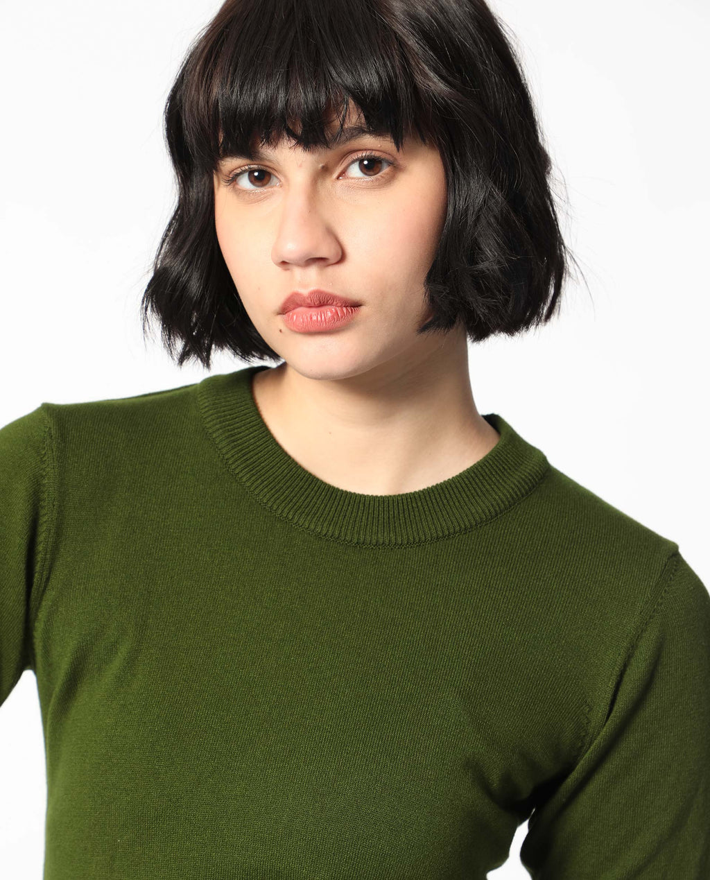 Rareism Women's Rohrdo Olive Viscose Crew Neck Plain Regular Fit Sweater