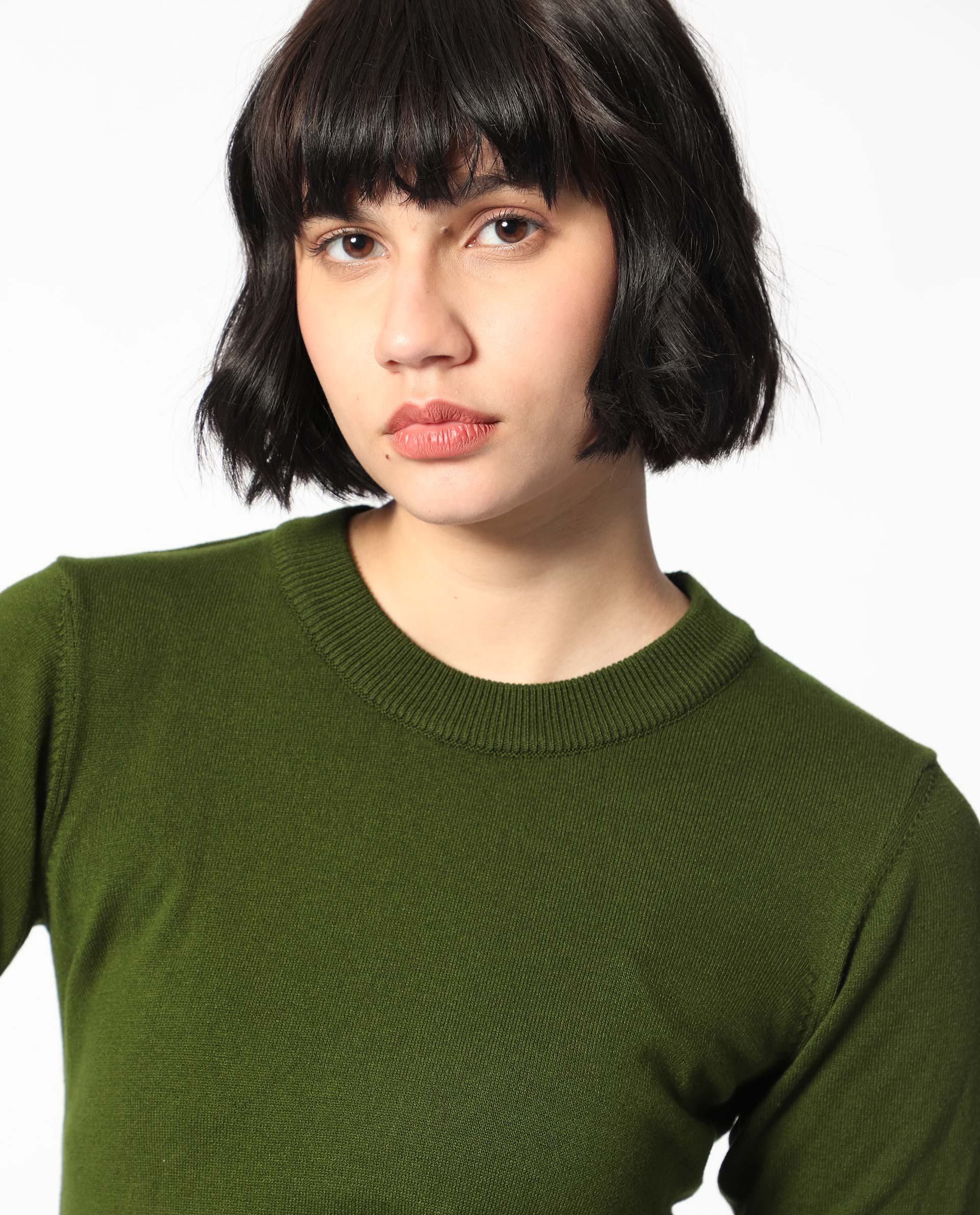 Rareism Women's Rohrdo Olive Viscose Crew Neck Plain Regular Fit Sweater