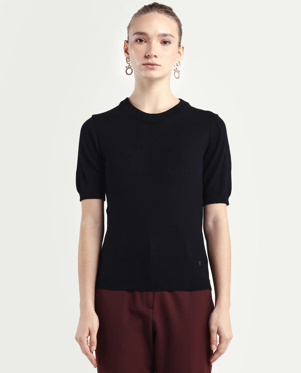 Rareism Women's Rohrdo Black Cotton Blend Crew Neck Plain Regular Fit Sweater
