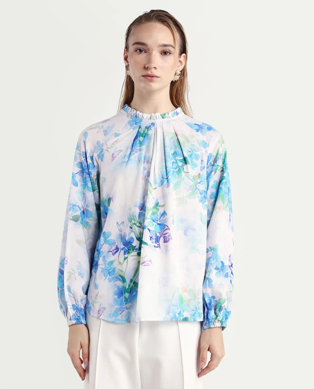 Rareism Women's Rome Light Blue Viscose Crew Neck Floral Print Raglan Sleeve Regular Fit Top