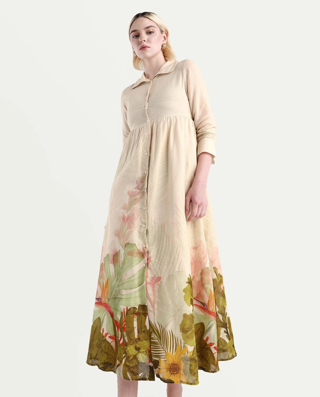 Rareism Women's Ronai Off White Cotton Spread Collar Tropical Print Cuffed Sleeve Maxi Flared Dress