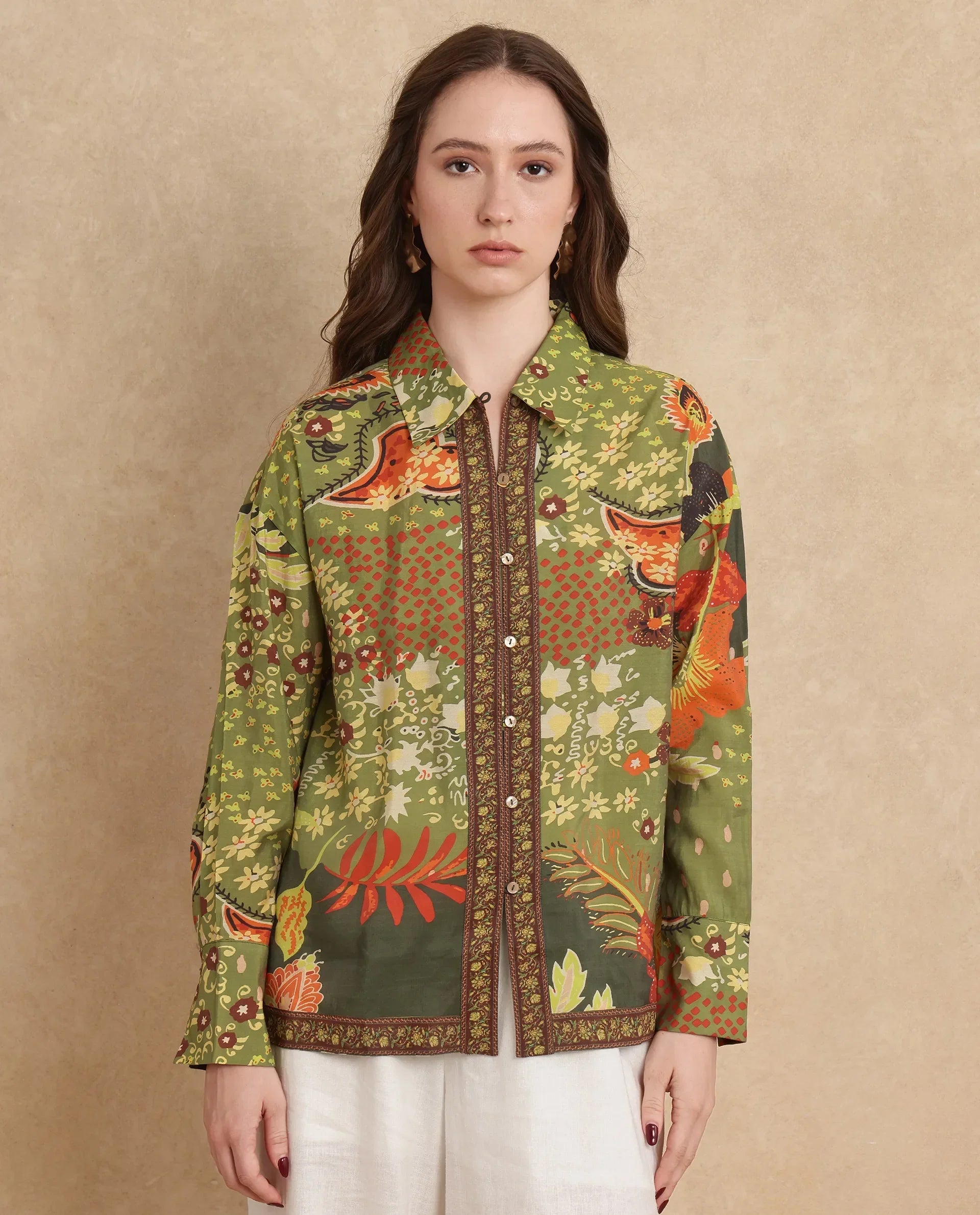 Rareism Women's Ronan Multi Viscose Blend Spread Collar Abstract Print Cuffed Sleeve Regular Fit Shirt