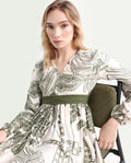 Rareism Women's Ronap Beige Modal V-Neck Floral Print Bishop Sleeve Maxi Fit And Flare Dress