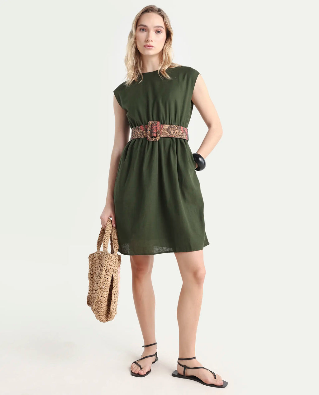 Rareism Women's Ronas Olive Cotton Round Neck Plain Sleeveless Mini A-Line Dress