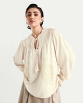 Rareism Women's Ronavi-T Beige Viscose Ruffled Neck Paisley Print Raglan Sleeve Relaxed Fit Top