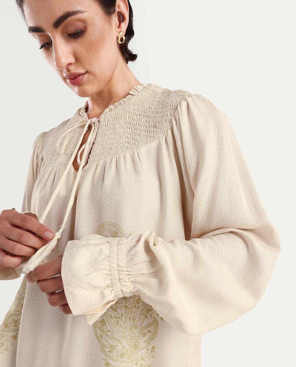 Rareism Women's Ronavi-T Beige Viscose Ruffled Neck Paisley Print Raglan Sleeve Relaxed Fit Top